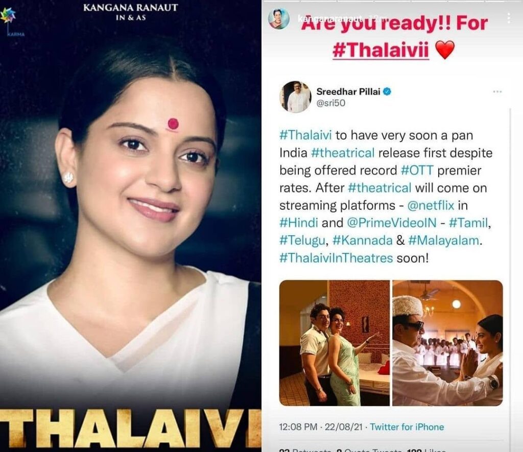 Kangana Ranaut requests the Maharashtra govt to open theatres ahead of Thalaivi's release.